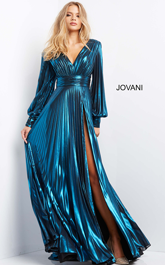 Jovani 06221 Teal Metallic High Slit V Neck Evening Dress